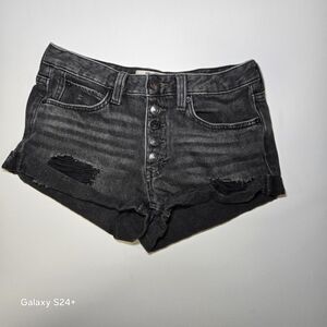 We The Free Black Distressed Button-Front Denim Shorts
